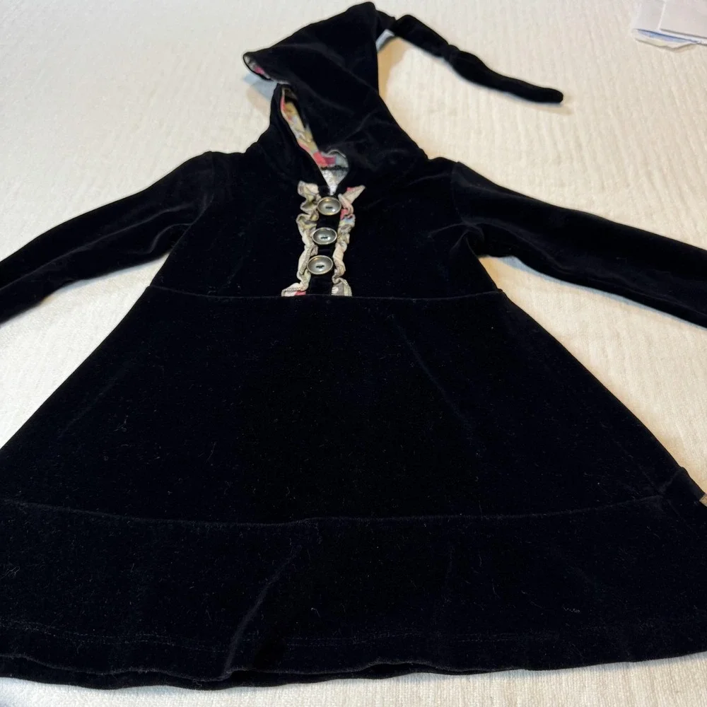 Matilda Jane‎ Dress Girls 2 Black Hooded Velour Tunic Pixie Hood Ruffle Buttons